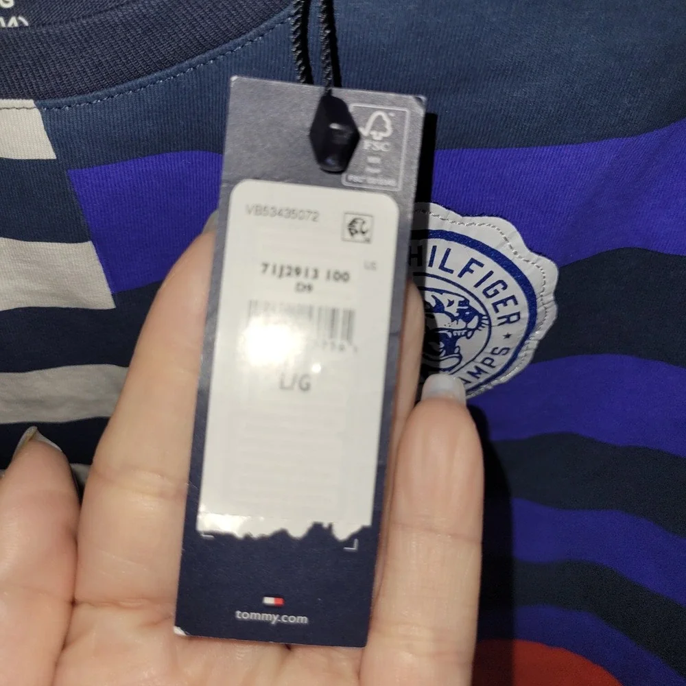 Tommy Hilfiger Graphic T Shirt Blue Green Yellow Stripe Logo‎ Size L 12 14 patch